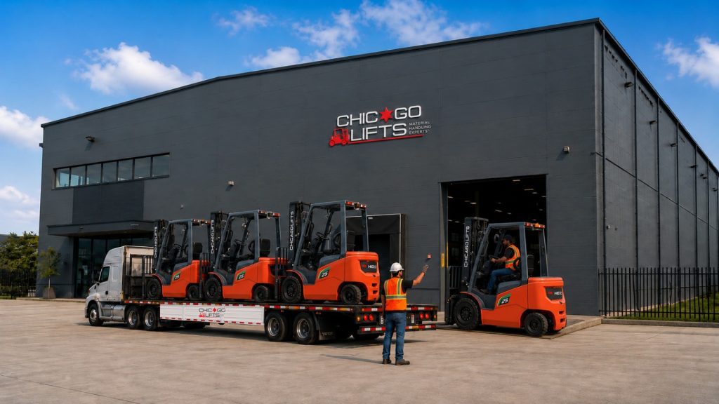 Chicago Lifts forklift dealership in Elmhurst, IL — new forklifts loading at the 762 Industrial Dr depot